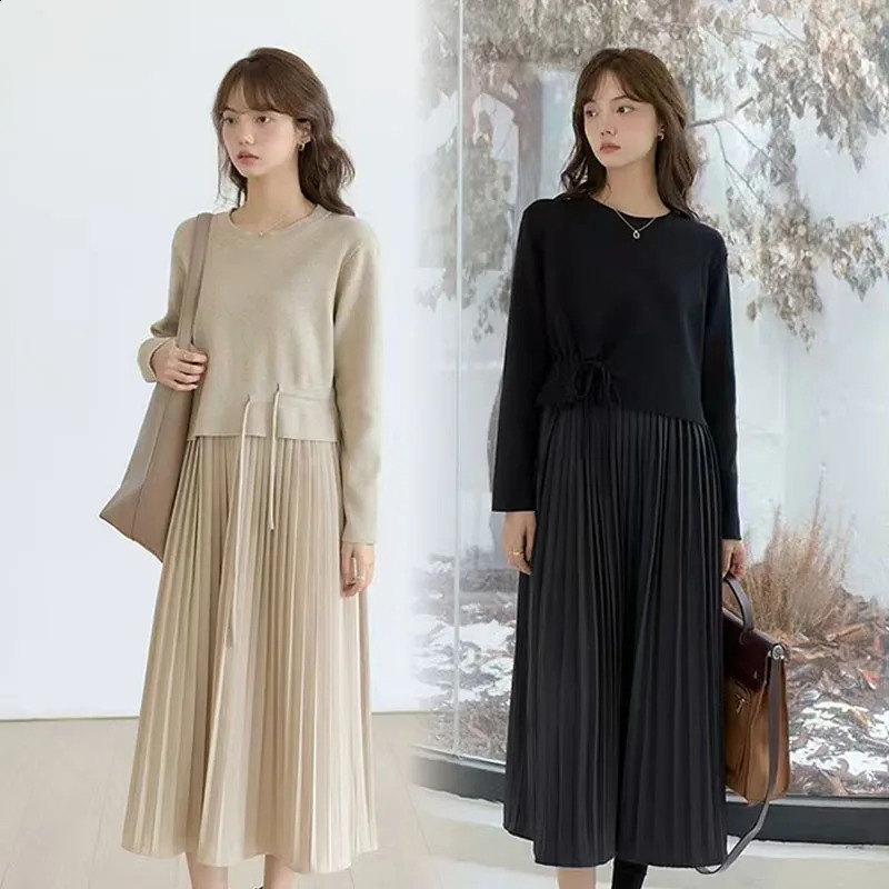 Z70430 Pregnant Dress Pleated n Layer Look Loose Women Korean Style Patchwork Pregnancy Clothes Knitted 250114