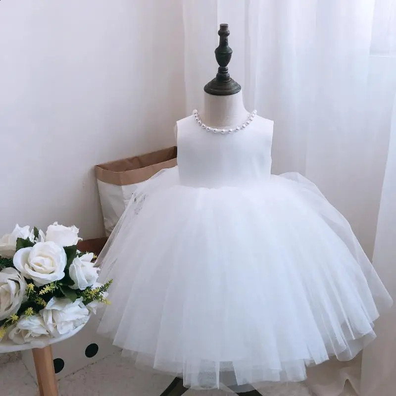 Kids Pearls Elegant Princess Dress for Girls Backless Bow Baby Girl 1st Birthday Baptism Tutu Gown Wedding Party Girls Dress 250218