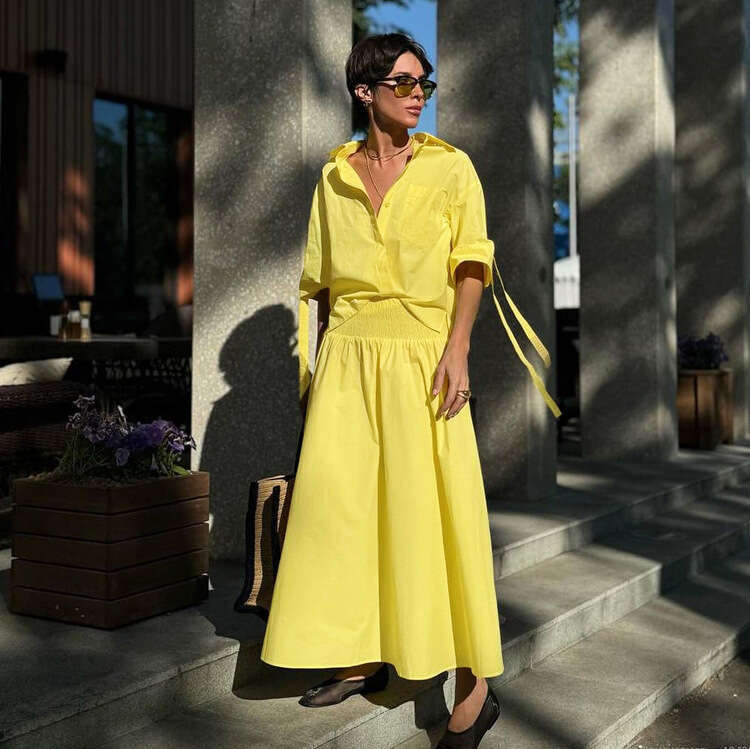 Solid Pocket Blouse Two-Piece Set Women Single Breasted Short Sleeve Blouse+Elastic Waist Long Elegant Casual Skirts Sets