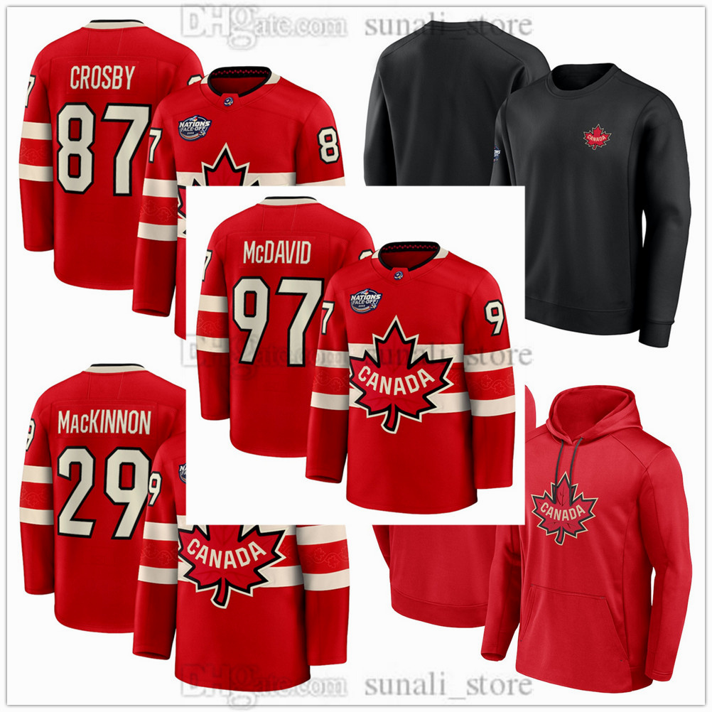 Red 2025 4 Nations Face-Off Hockey Jerseys Canada Team 87 Sidney Crosby 29 Nathan MacKinnon 97 ConnorMcDavid 63 Brad Marchand 9 Bennett 8 Cale Makar 38 Hagel Hoodies