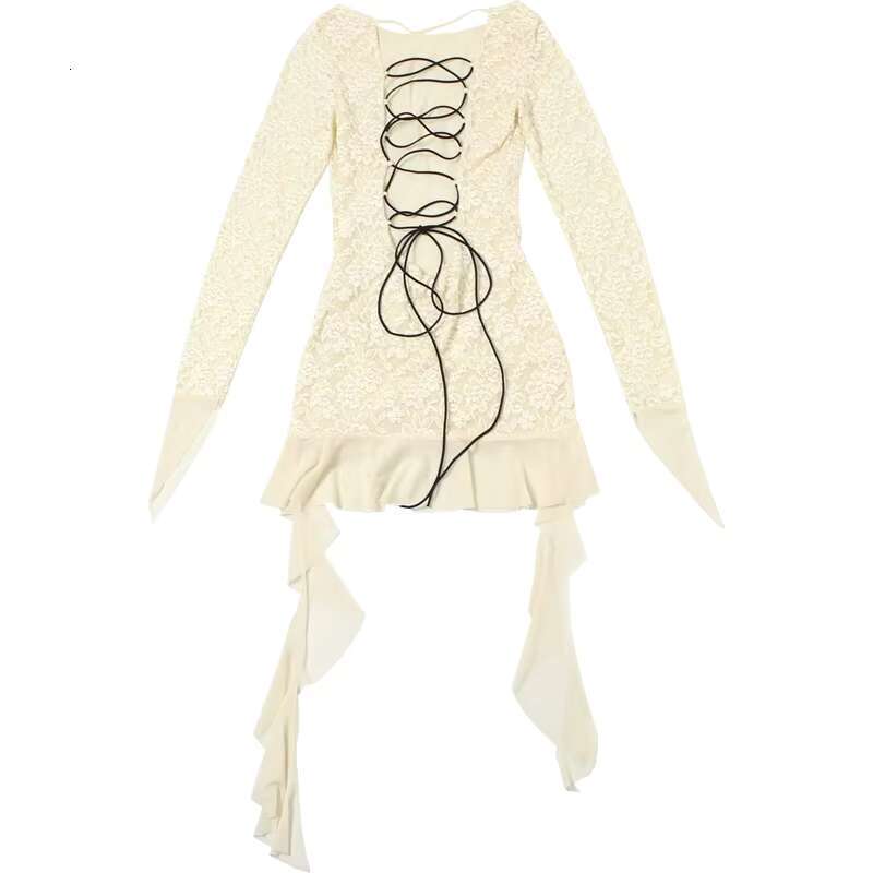 Women's Wear Dress Weird Puss Lace Patchwork Dress Woman Summer Sexy See Through Bandage Backless Ruffles Long Sleeve Irregular Hem Skinny Bodyco