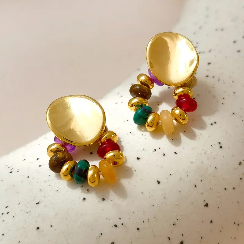 Vintage Natural Stone Beaded Earrings for Women Fashion Jewelry Copper Plated 24K Gold Elegant Ear Accessories 250117