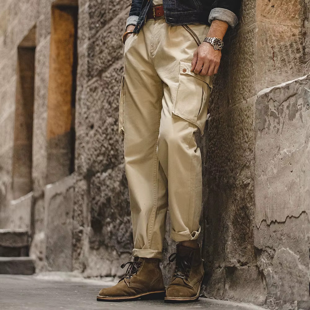 Maden American Vintage Khaki Mountain Washed Mid Waist Straight Leg Casual Pants Men's Trendy Long