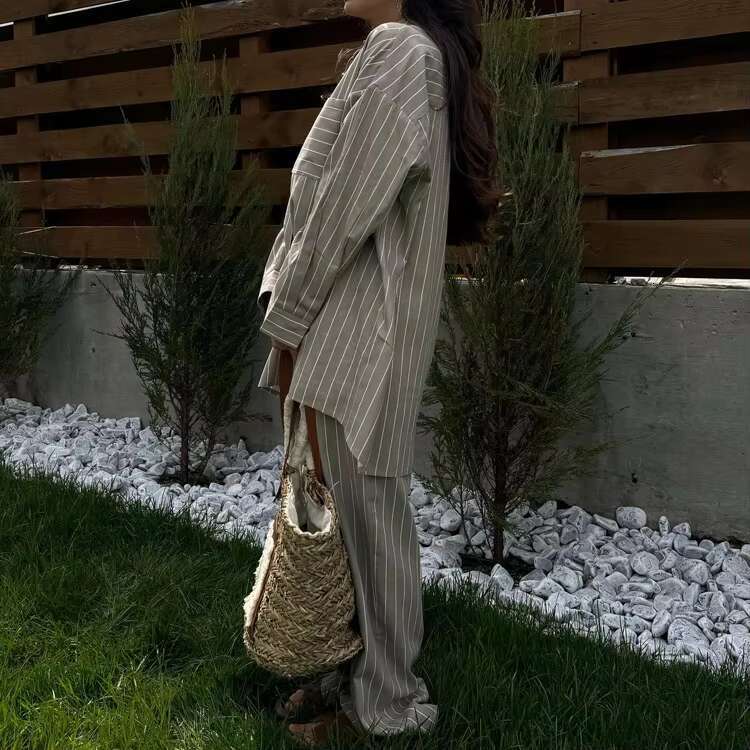 Classic Striped Loose Pants Sets Single Breasted Long Sleeve Blouse+Wide Leg Pant Casual Vintage Women's Trouser 2 Piece Set New