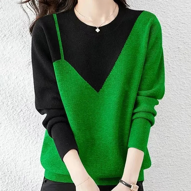 Contrasting Colors Long Sleeved Female Sweater Round Neck Lady Knitting Tops Fashion Loose Fitting Pullovers Women Knitwear 250114