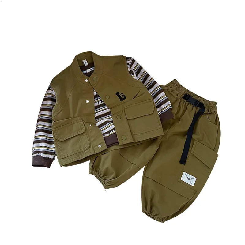 Children Spring Autumn 2PCS Clothes Set For Boy Round Collar Embroidery Kid Boys Vest Spliced Jogger Pants Sports Suit 250117