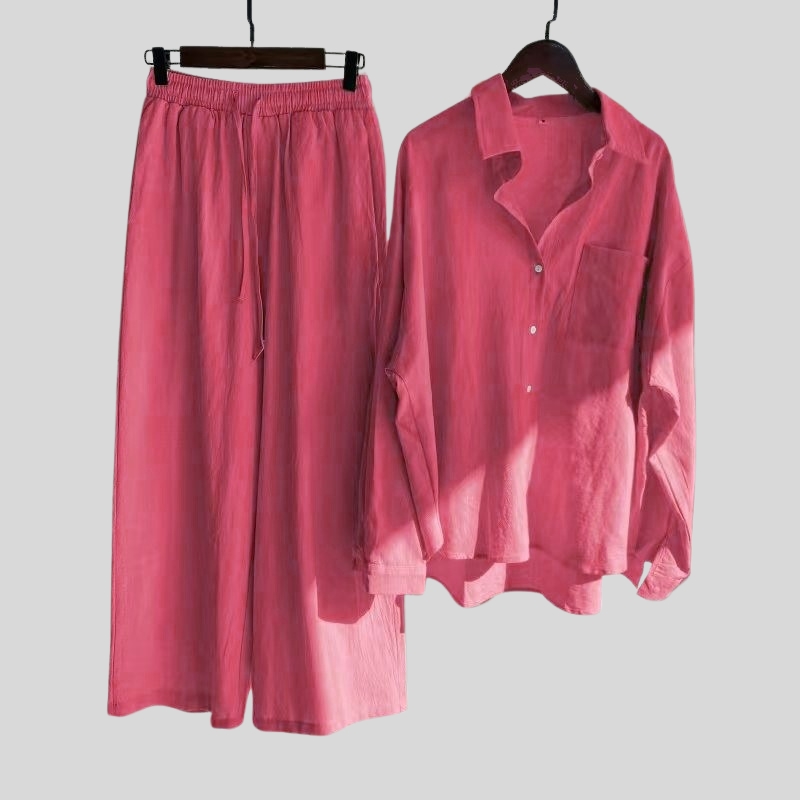 New best-selling 2-piece set retro plus size cotton and linen shirt set, high waist loose trousers