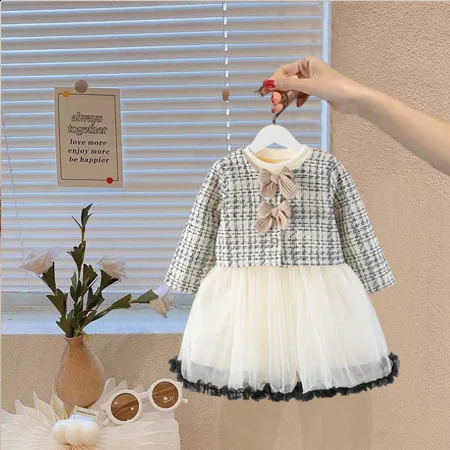Spring Autumn 18Y Girl 2PCS Clothes Set Patchwork Bow Houndstooth Kid Coat Contrast Breathable Mesh Bubble Dress Suit 250116
