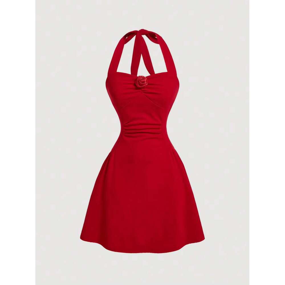 Women's Wear Dress Red Bow Halter Dress Female New Autumn Spice Girl Pleated Fashion Waist Show Thin Short Skirt Trend
