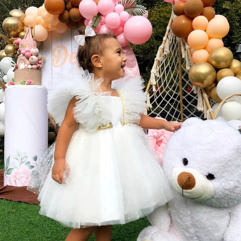 Toddler Baby Girl Infant Princess Pearls Tutu Dress Baby Girl Wedding Dress Kids Party Vestidos 1 Years Birthday Baptism Clothes 250115