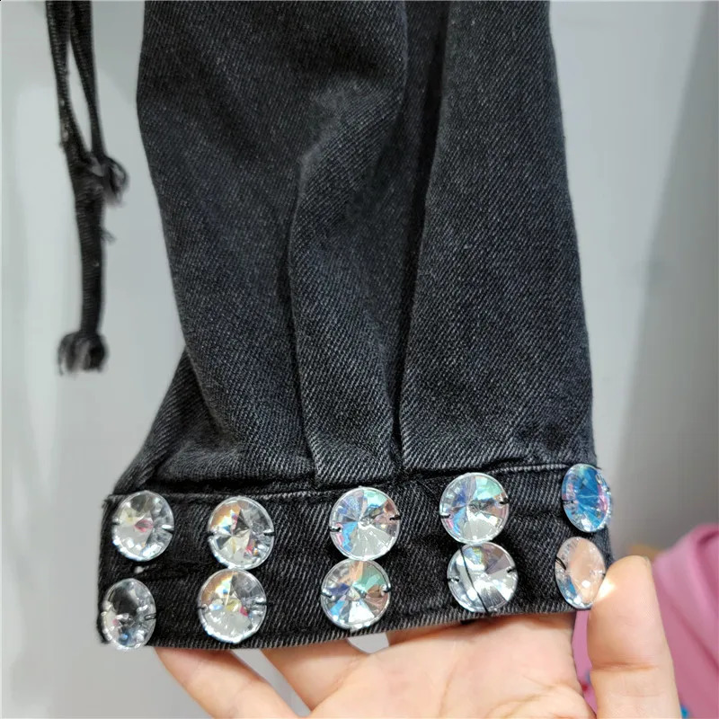 Heavy Work Diamonds Black Denim Jacket Women Slim Extra Short High Waist Cow Outerwear Manual Drawstring Jeans Jacket Female 250116