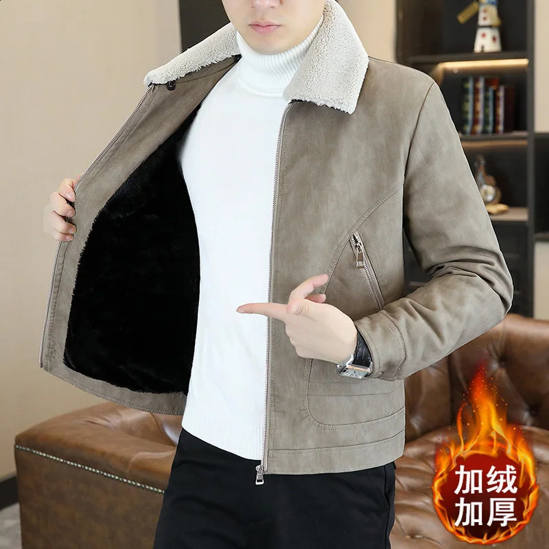 Winter Mens Leather Jacket Fashion Thick Warm Fur Integrated Turn Down Collar Motorcycle Streetwear Men Clothing 250109Z