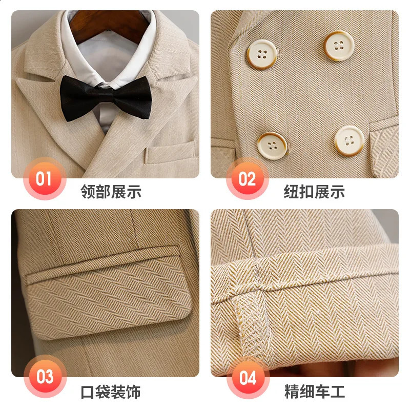 Child Fomal Khaki Suit Set British Style Baby Boys Wedding Birthday Party Performance Costume Kids Blazer Pants Bowtie Clothes 250120