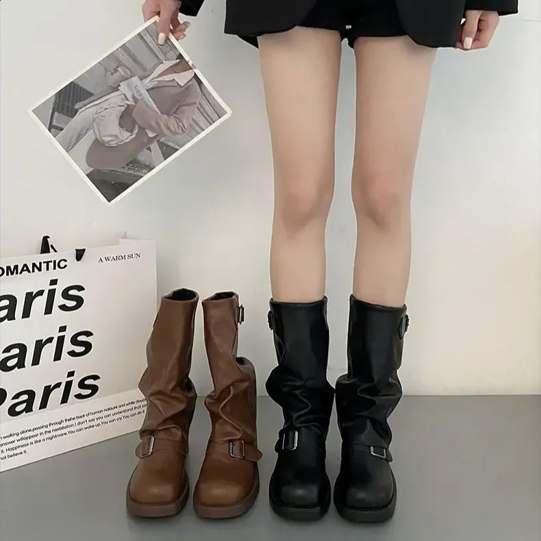 Pleated Buckle Knight Boots for Women Autumn Brown PU Leather Mid Calf Woman SlipOn Thick Heel Riding 250117