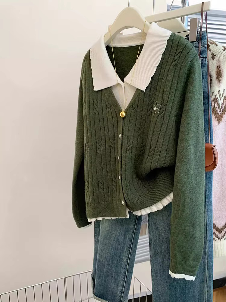 Korean Style Casual Women Lapel Fake Two Pieces Long Sleeves Knitted Cardigan Chic Sweater Coat Autumn Winter New