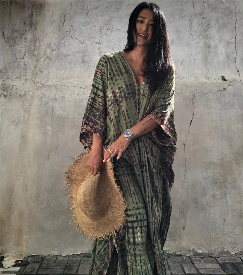 Plus Size Boho Cover Up Womens Tie Dye Batwing Sleeve V Neck Split Hem Slight Stretch Maxi Dress 250122