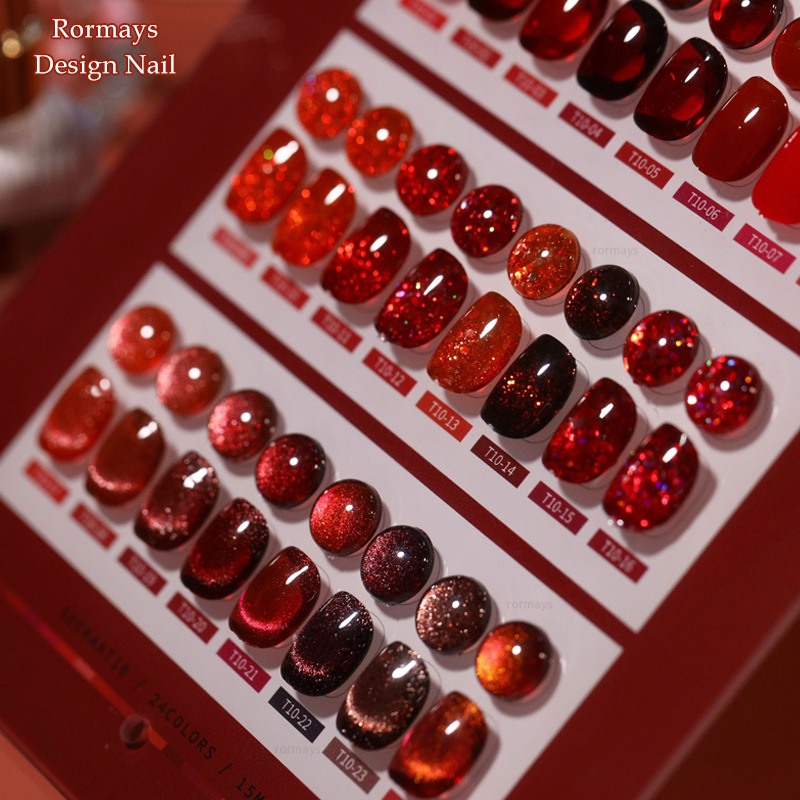 Rormays New Cherry Solid Cat's Eye gel Polishing 24PCS Mixed Clearcoat Chip Diamond Durable Red UV Primer Nail Cat's Eye Salon Factory Whole
