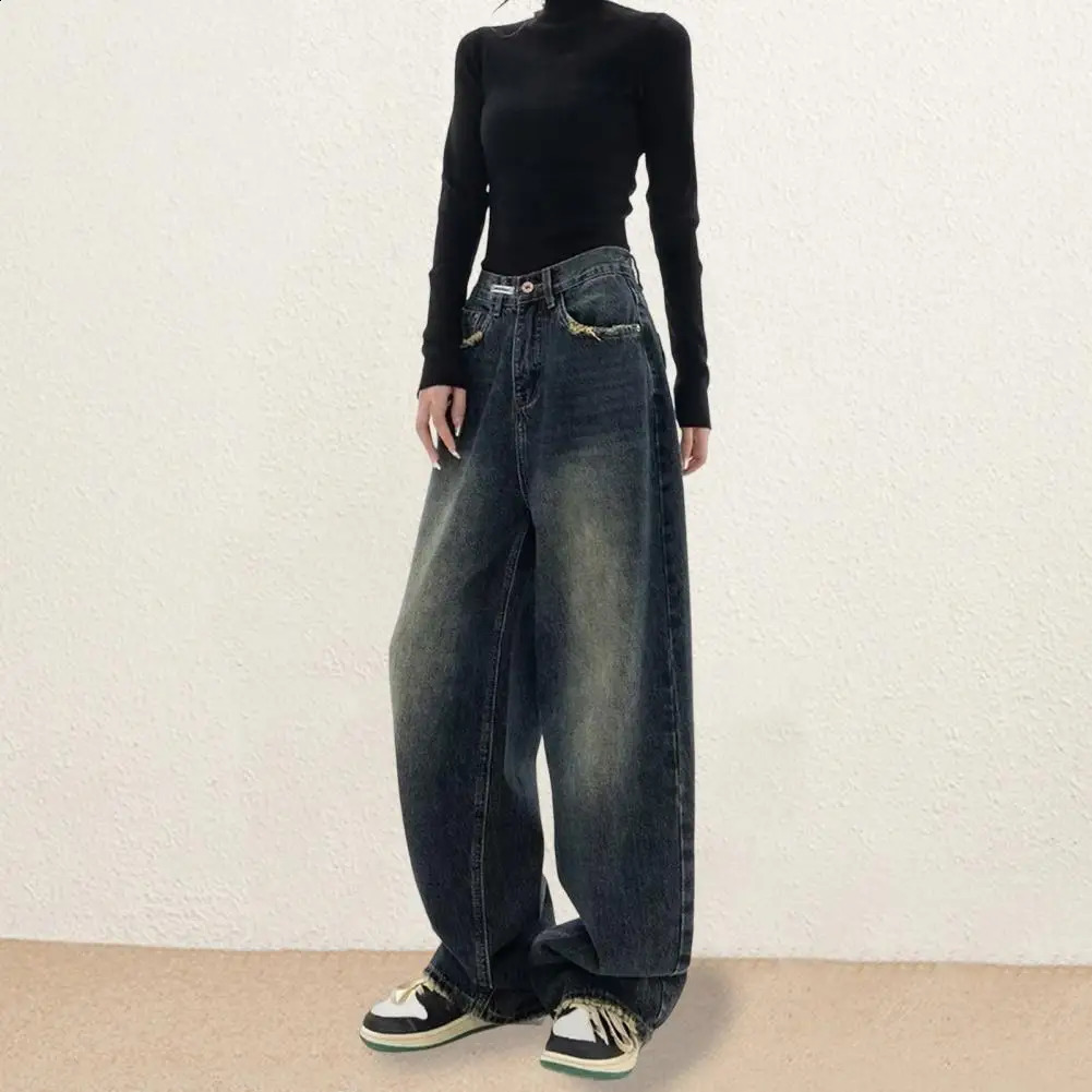 Womens Harajuku Style Loose Wide Leg Jeans Pants Autumn Winter American Fashion Retro Baggy Straight Loose Denim Trousers 250117