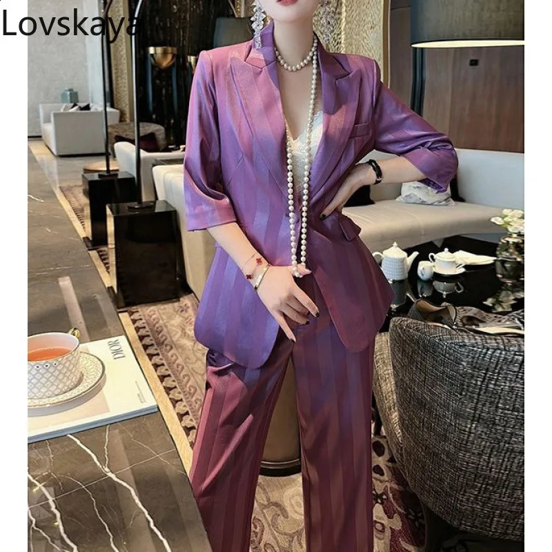 Purple striped suit jacket wide leg pants twopiece set for women professional formal attire summer waistband 250114