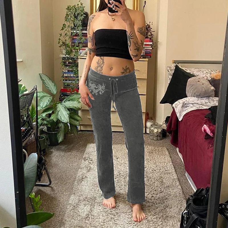 HEYounGIRL Y2K Womens Velvet Slim Pants Rhinestone Print Low Waist Drawstring Straight Trousers Vintage Casual Joggers Autumn 250122