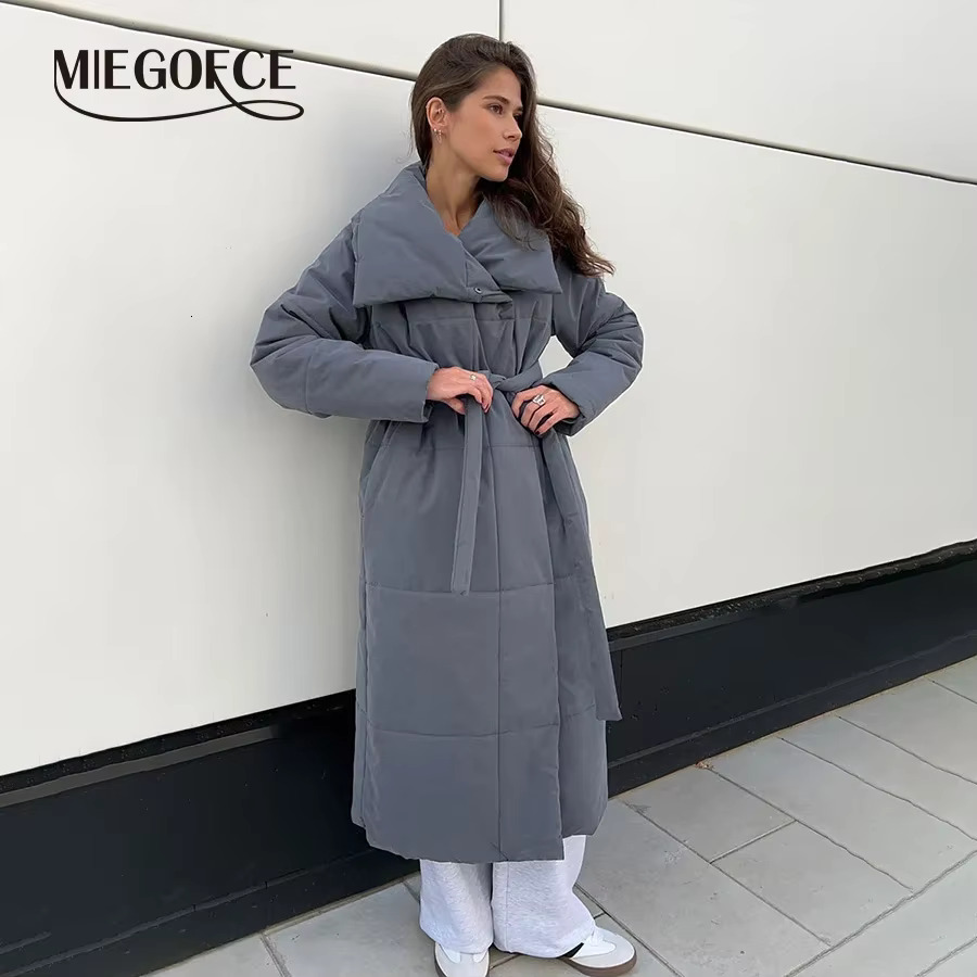 MIEGOFCE 2024 Autumn Winter New Long Coat European And American Loose Casual Warm Stand-Up Collar Parka With Belt Jacket Wt0041