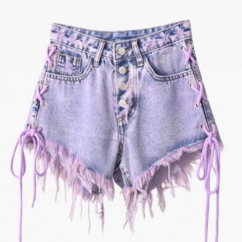 Purple Tassel Jean Shorts Lace-Up Denim Shorts Womens Summer High Waist Breasted Raw Edge A-Line Wide-Leg Pant 250118