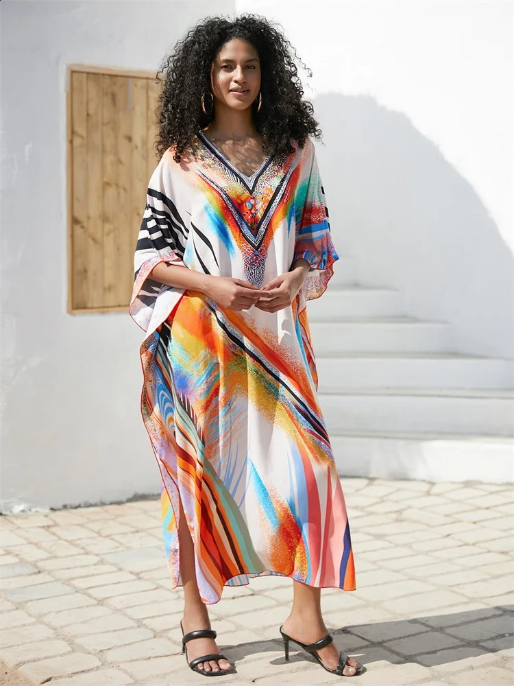 EDOLYNSA Orange Printed Beach Dress Bohemian Loose Kaftan 2024 Summer Womens Swimsuit Cover Up Vacation Casual House Robe Q1638 250122