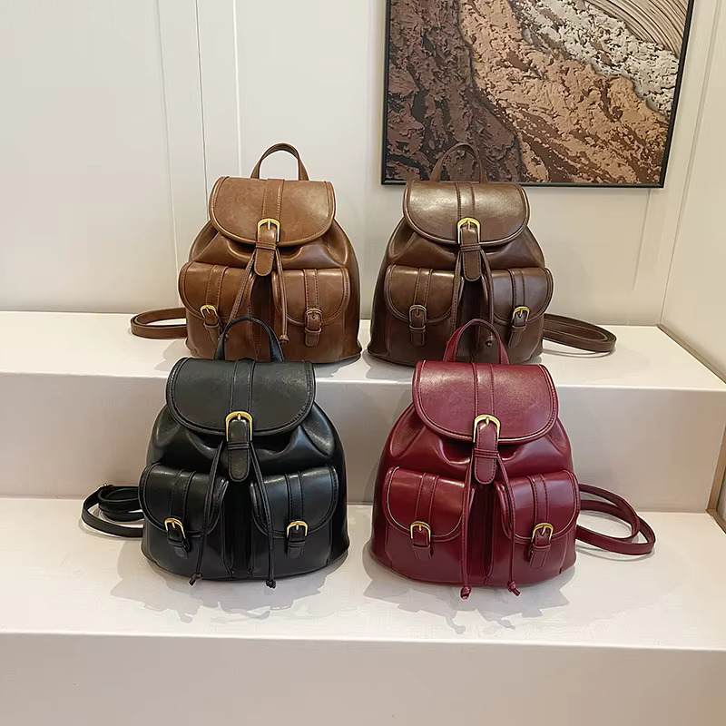 LEFTSIDE Women Retro Small Double Pockets PU Leather Backpacks 2024 Winter Y2k Korean Fashion Backpack School Student Back Packs