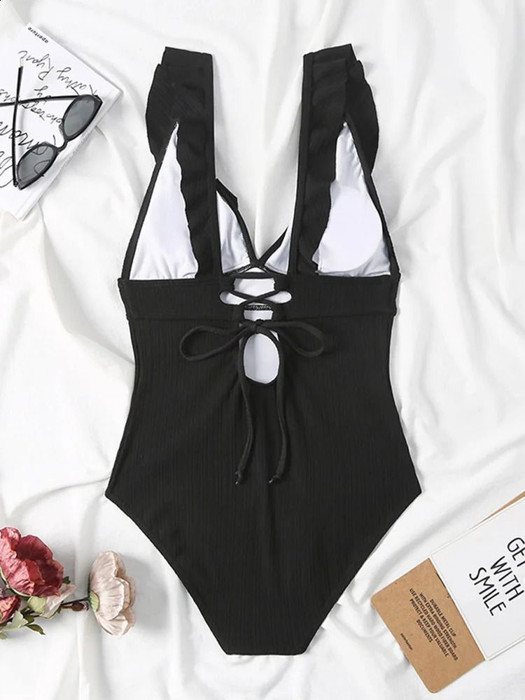 Ruffle Swimsuit One Piece Solid V-neck Backless Swimwear Women Bathing Swimming Swim Suit Female Padded Beach Wear Summer 250117