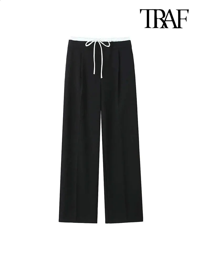 TRAFWomens Double Waistband Wide Leg Pants High Elastic Waist With Drawstring Side Pockets Female Trousers Chic Fashion 250120