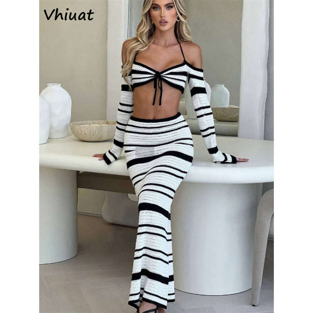 Vhiuat Summer Sleeve Tops Long Skirt Suit Women Knitted Beach Party 2 Piece Dress Set Elegant Matching Sets Outfits 2025