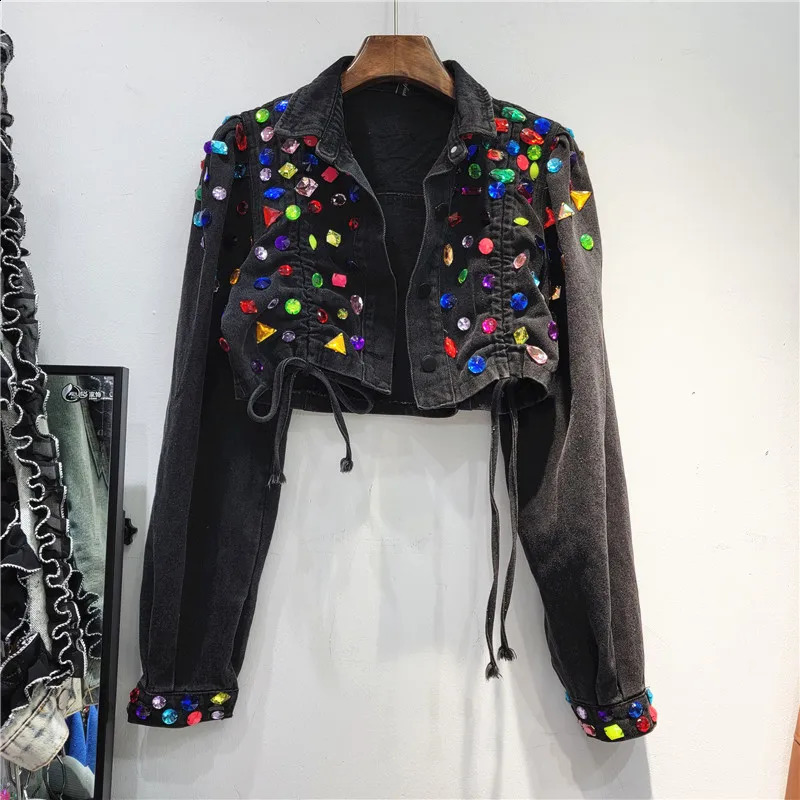 Heavy Work Diamonds Black Denim Jacket Women Slim Extra Short High Waist Cow Outerwear Manual Drawstring Jeans Jacket Female 250116