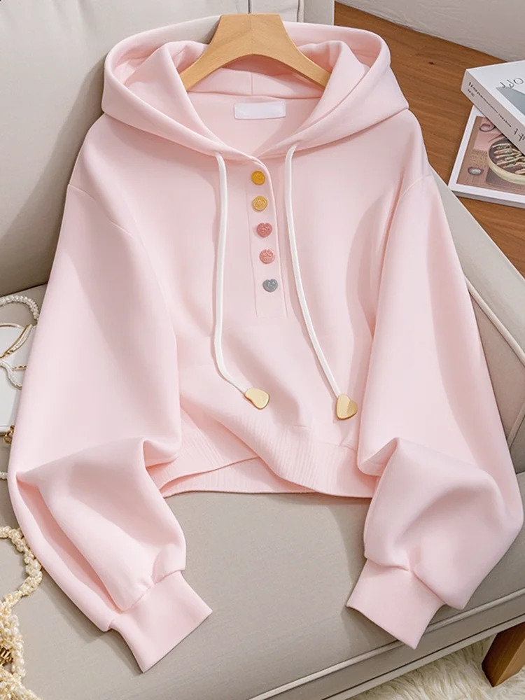 Zoki Sweet Pink Hoodies Women Fashion Elegant Long Sleeve Sweatshirts Korean Loose Casual Buttons Female Preppy Style Top Spring 250109