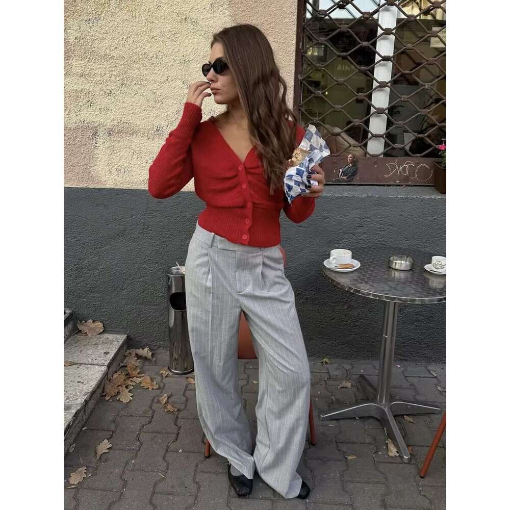 New Red Wer Decor Knitted Cardigan Women 2025 Spring Long Sleeve V Neck Sweaters Streetwear Elegant Fashion Thin Jumper Femme