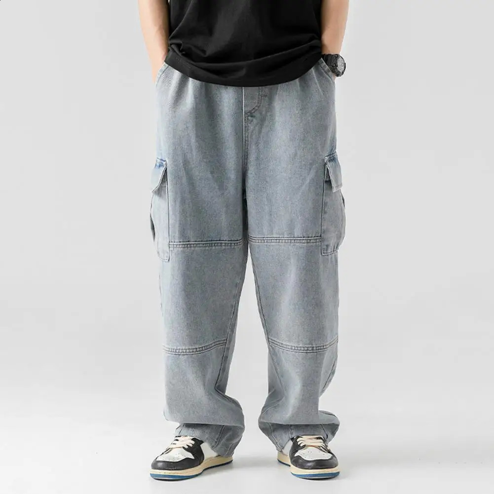 Denim Pants with Drawstring Mens Adjustable Drawstring Denim Pants with Pockets Loose Fit Washed Fabric for Style for Everyday 250120