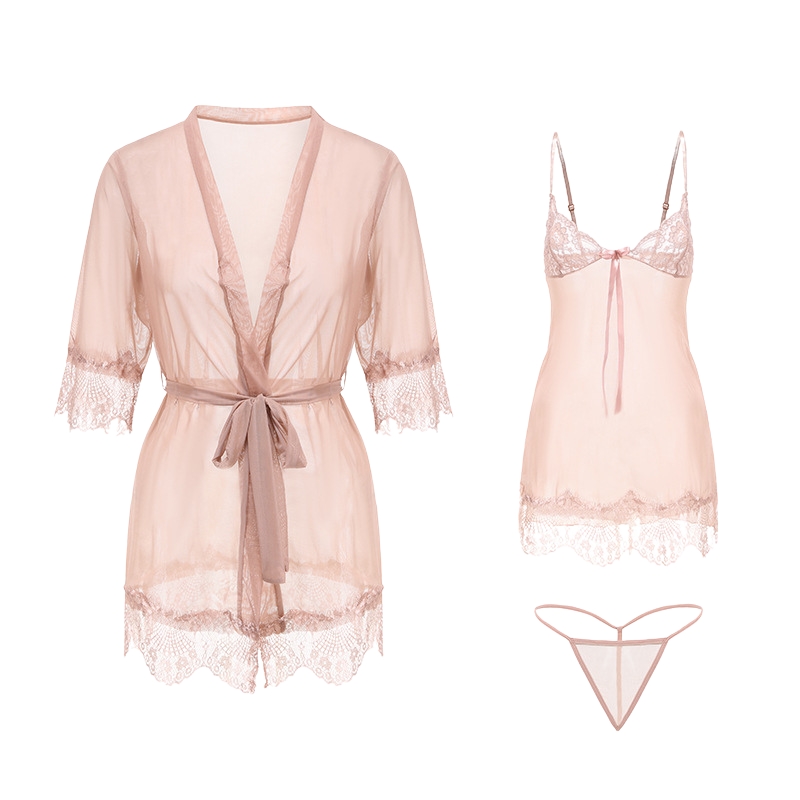 New best-selling sexy deep v perspective mesh suspender nightdress pajamas bathrobe two-piece loungewear cover