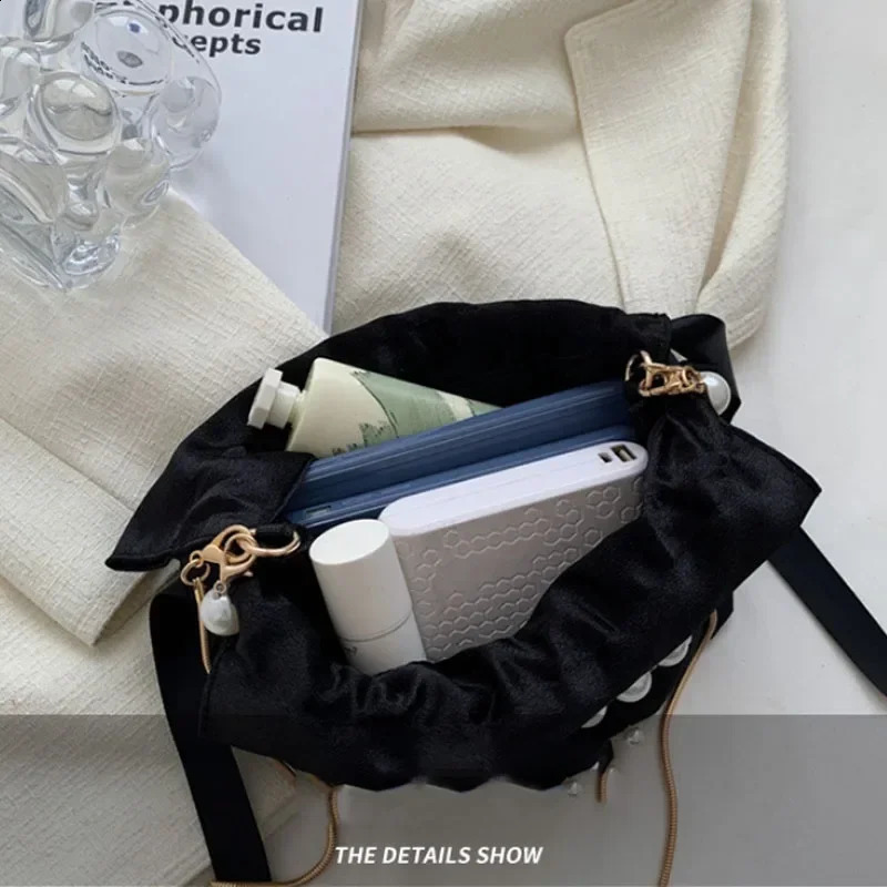 womens shoulder bag high-quality womens handbag black pearl imitation silk womens bucket cross body bag 250120