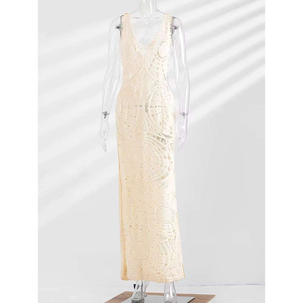 Knitted Crochet Female Dress 2023 V Neck Sleeveless Hollow Out Beach Vacation Dresses Women Summer Elegant Fashion Long Vestidos