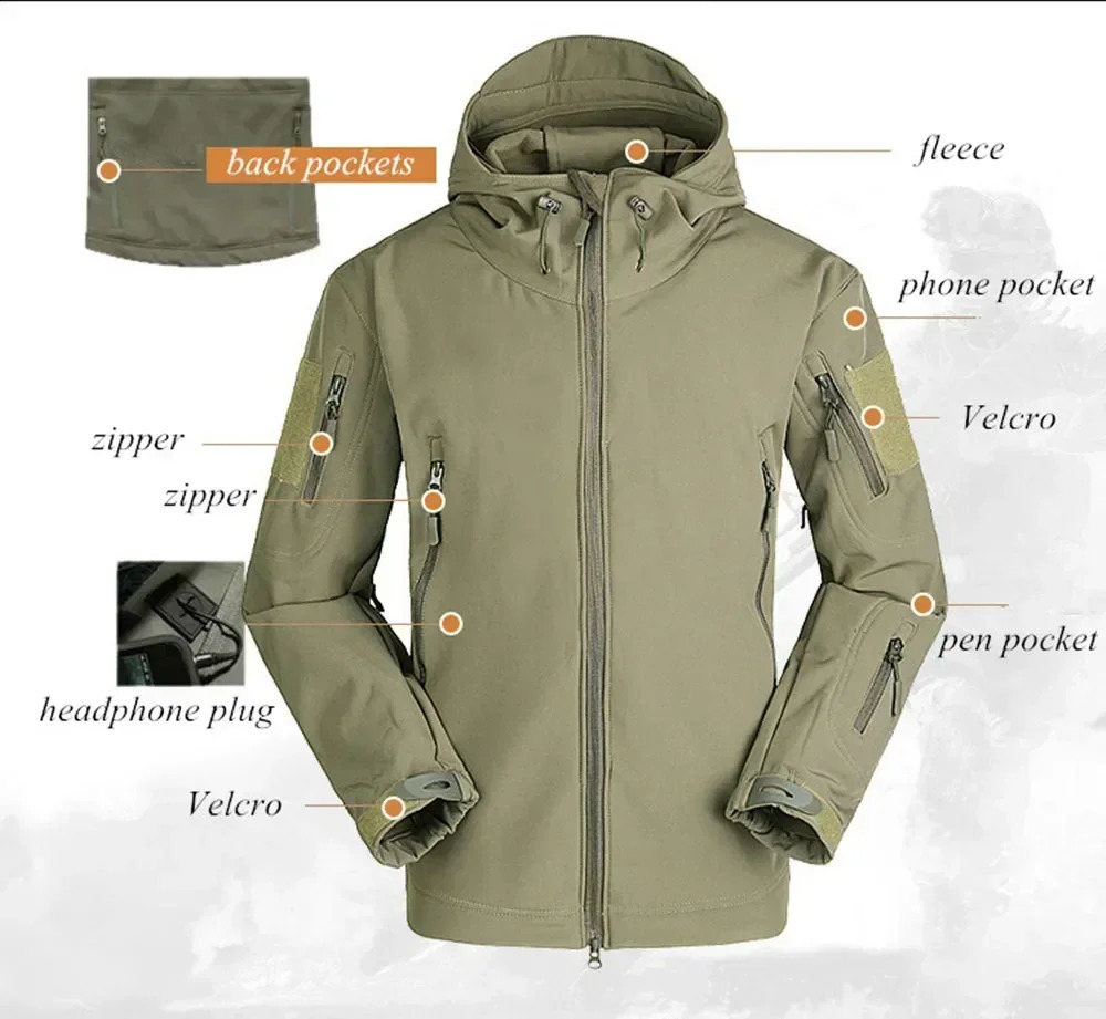 Mens Tactical Jacket Hiking Shark Skin Soft Shell Clothes Windbreaker Flight Pilot Hood Outdoors Fleece Field 250122