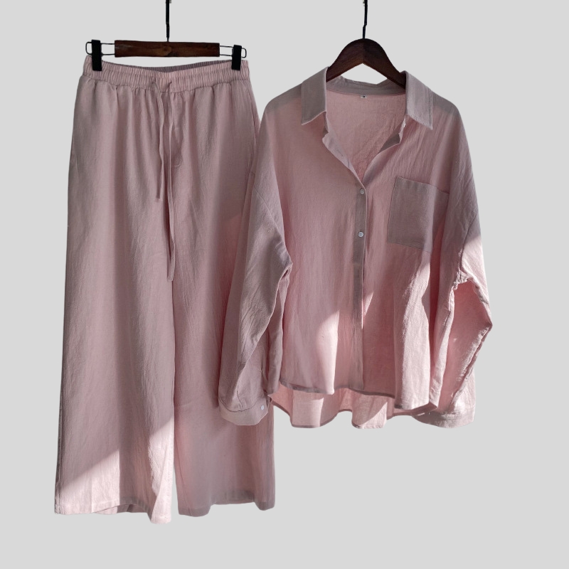 New best-selling 2-piece set retro plus size cotton and linen shirt set, high waist loose trousers