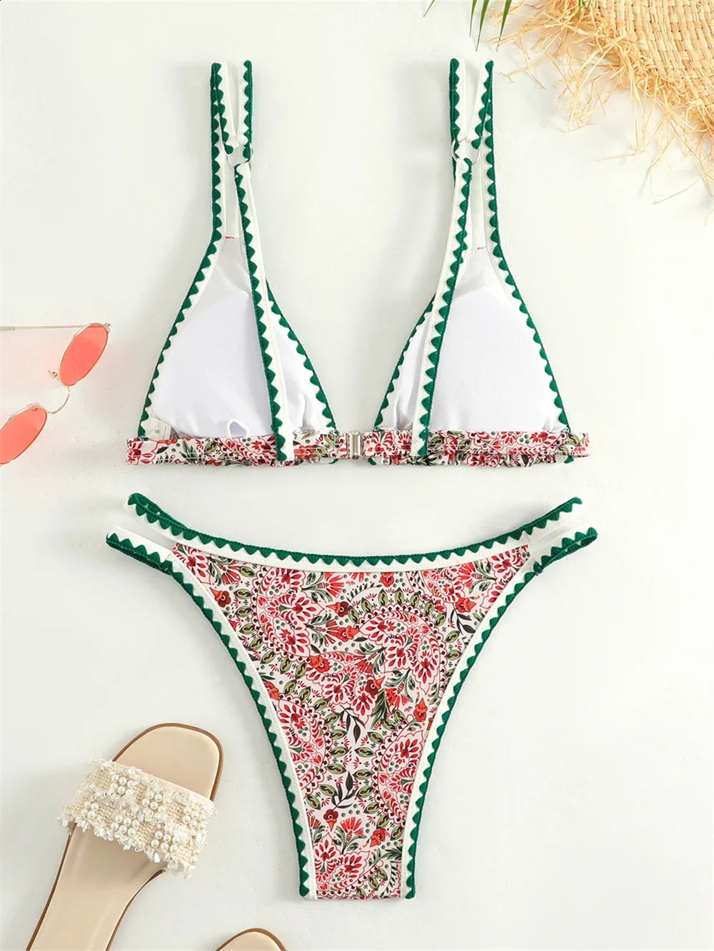 Trend Print Bikini Bordered Straps Swimsuit Thong Push Up Y2K Boho Swimwear Kawaii Women Two Piece Brazil BeachWear Bathing Suit 250118