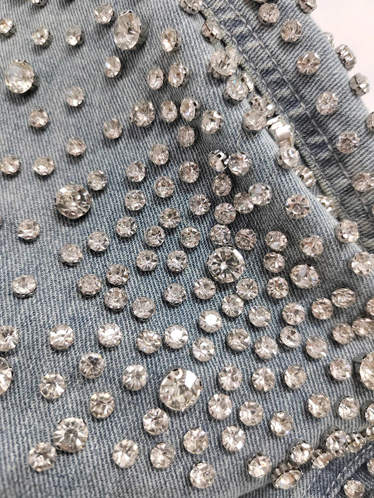 DEAT Fashion Denim Coat Women Lapel Irregular Rhinestone Decorate Single Breasted Patchwork Loose Jakcets Spring 2025 7AB878 250116