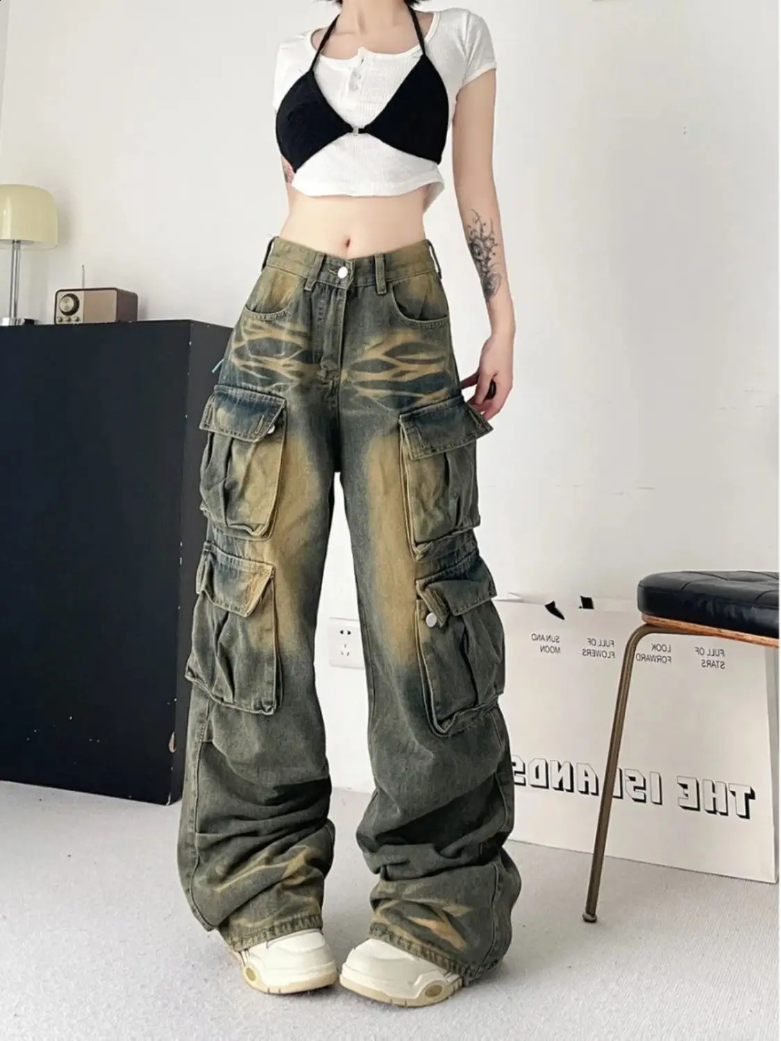 Y2K American Retro Multipocket Overalls Jeans Women High Street Waist Loose Straight Tube Slim and Wide Leg Mop Pants 250122