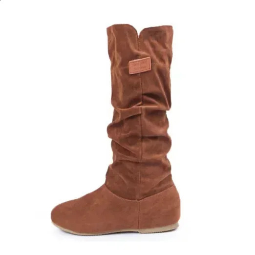 womens frosted mid tube pleated boots with flat lace retro knight winter warm Fashion leisure shoes for women 250117