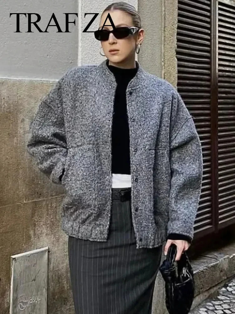 TRAFZA Women Solid Coat Long Sleeve Autumn Pocket Bomber Jacket Oversize Loose Streetwear Coats Button Casual Woman Outerwear 250114