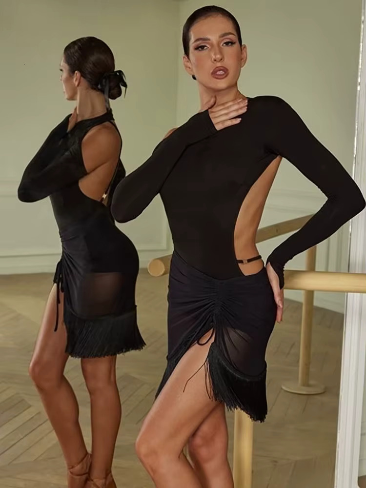Sexy Dance Long Sleeves Backless Top Jumpsuit Bodysuit Ballroom Dancing Leotard Latin Training Practice Hollow Out Women
