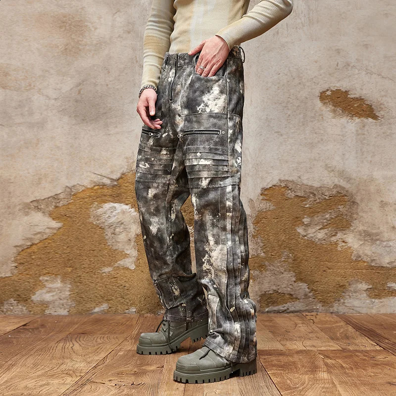 American High Street Camouflage Print n Wide Leg Jeans Mens Loose Straight Drooping Personality Motorcycle Trousers 250120