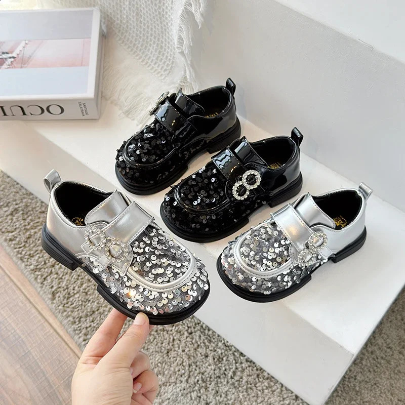 Jogerli Bling Fashion Leather Shoe For Kids Girls Sequined Black Silver Rubber Children School Dress Shoes For Party 250121