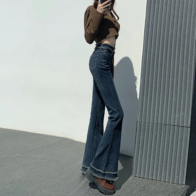 American High Street Retro Micro-flared Jeans for Women with Tassels Raw Edges Slim Stretchy Floor-length Tight Horseshoe Pants 250118