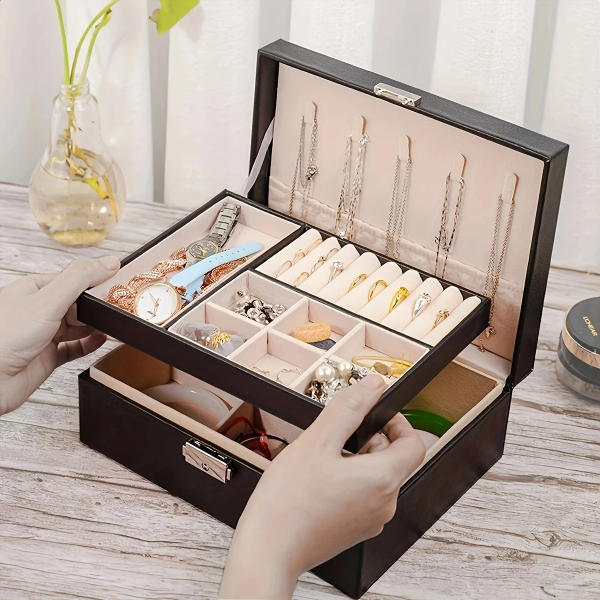 1pc Simple Double-layer Jewelry Storage Box For Ring Necklace Storage With Lock Decoration 250117